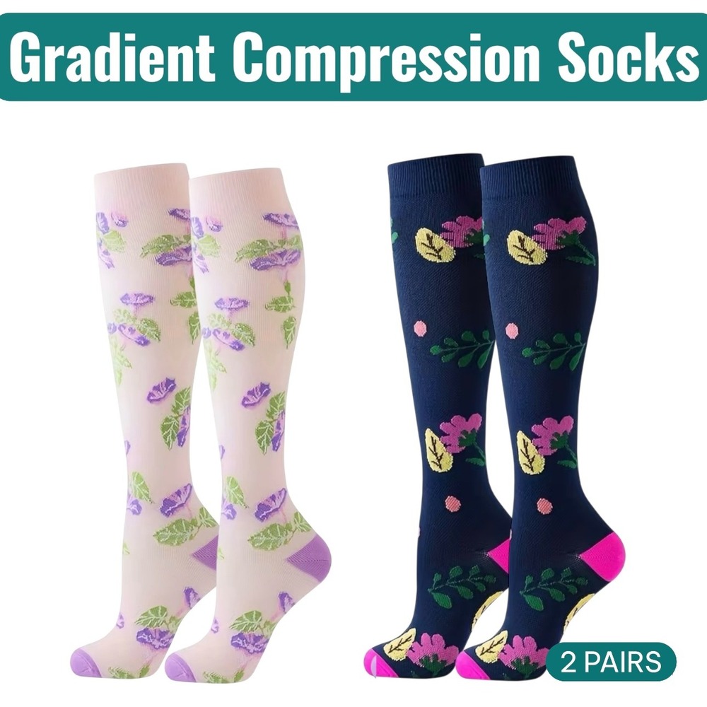 Unisex 15-20 mmHg Compression Socks S/M Knee High Medical Floral‎ 2 Pack NEW